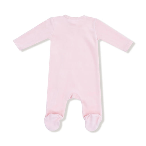 Back of the same pink velour footie showing the full body and footed design.