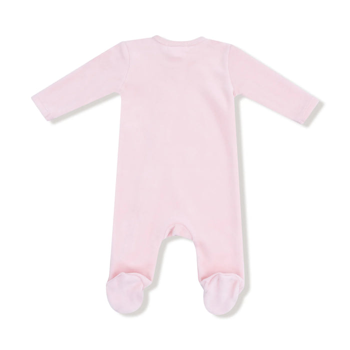 Back of the same pink velour footie showing the full body and footed design.
