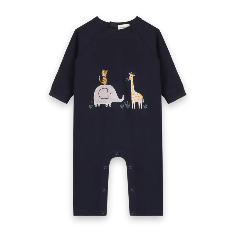 front view navy organic cotton baby jumpsuit with embroidered elephant giraffe and tiger