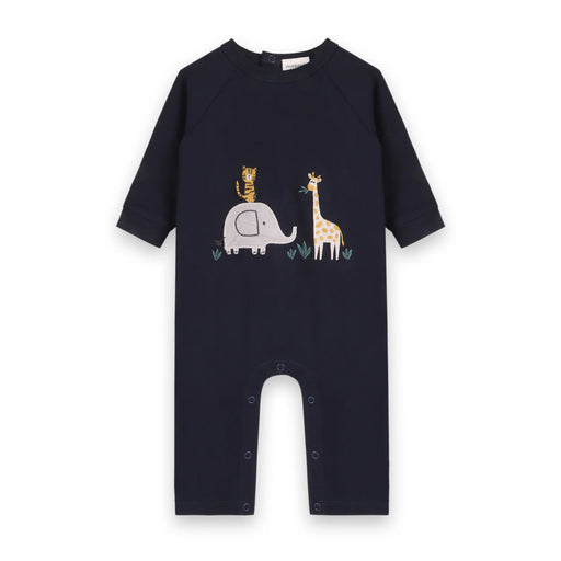 front view navy organic cotton baby jumpsuit with embroidered elephant giraffe and tiger
