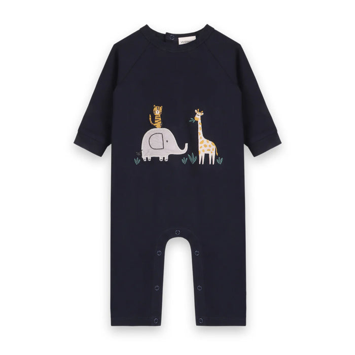 front view navy organic cotton baby jumpsuit with embroidered elephant giraffe and tiger