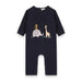 front view navy organic cotton baby jumpsuit with embroidered elephant giraffe and tiger