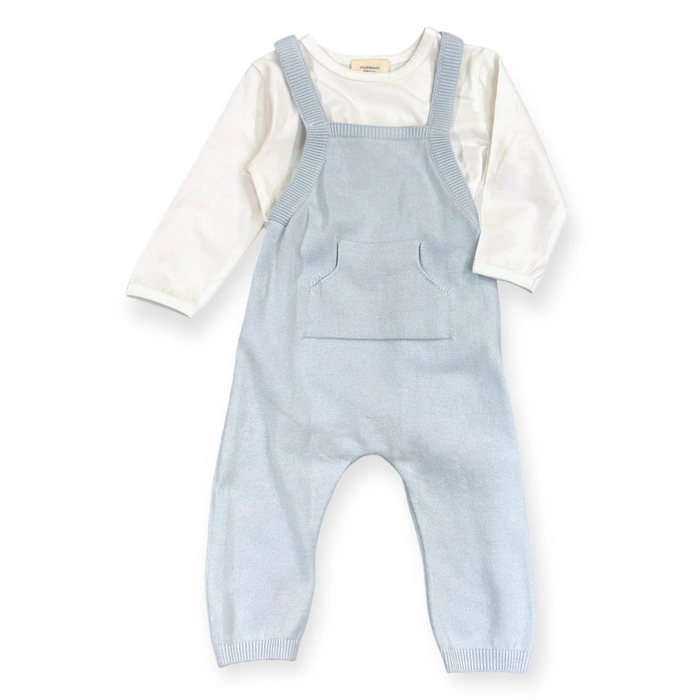 Light blue baby romper with white shirt underneath on a white background