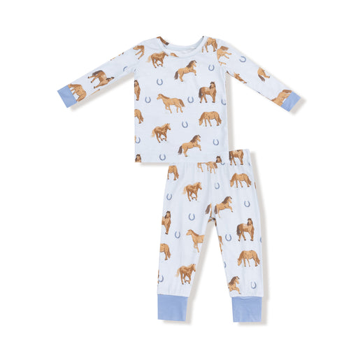 Children's pajama set with horse pattern on a white background