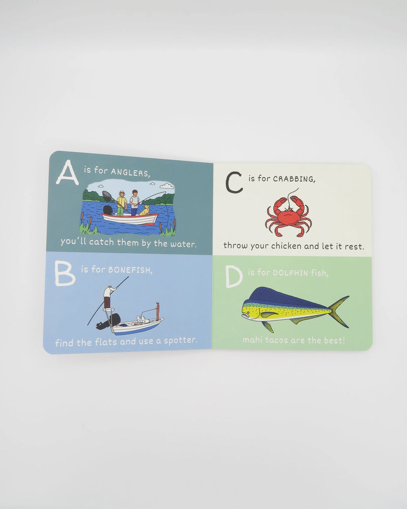 Inside pages of The ABCs of Fishing board book, letters A through D