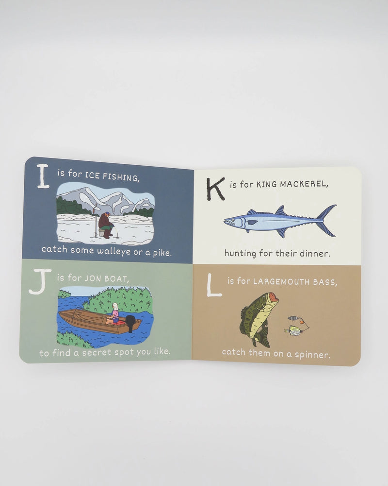 Inside pages of The ABCs of Fishing board book, letters I through L