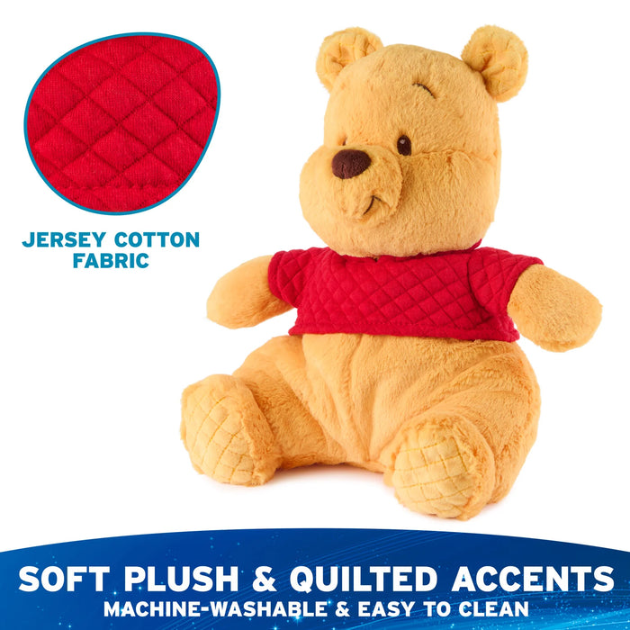 Winnie the Pooh plush showing quilted red shirt and jersey ear and foot accents