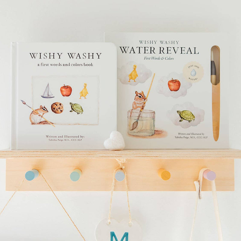 Two children's books on a wooden shelf with hooks against a white wall.
