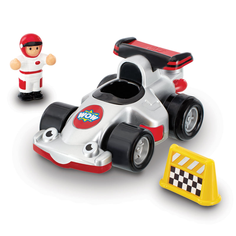 WOW Toys Richie Race Car with driver figure and checkered barrier