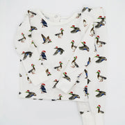Saltwater Swaddles Duck the Halls kids pajama shirt with watercolor ducks wearing Santa hats on white background