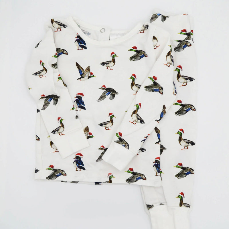 Saltwater Swaddles Duck the Halls kids pajama shirt with watercolor ducks wearing Santa hats on white background