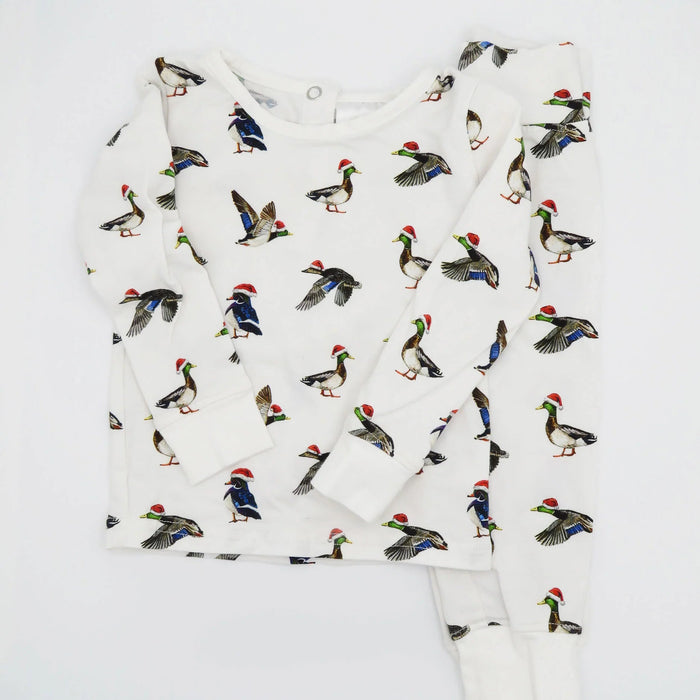 Saltwater Swaddles Duck the Halls kids pajama shirt with watercolor ducks wearing Santa hats on white background
