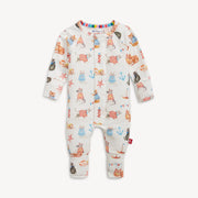 Baby onesie with colorful animal pattern on a white background