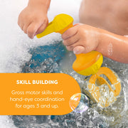 Children playing with yellow bath toys in water, with text about skill building.