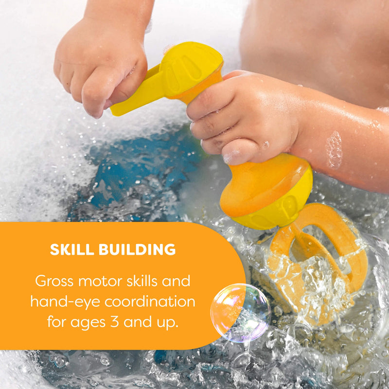 Children playing with yellow bath toys in water, with text about skill building.