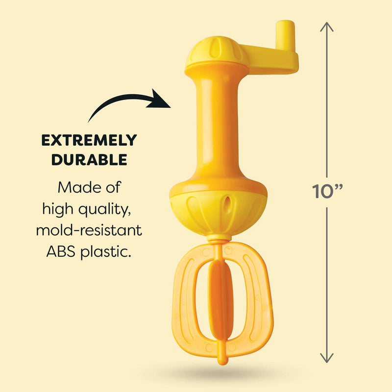 Yellow plastic tool with text indicating durability and size on a beige background