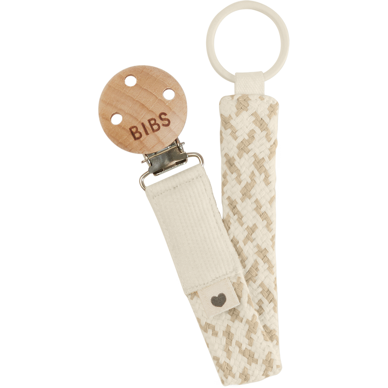 BIBS braided pacifier clip with organic cotton strap, wooden detail, and metal clasp on a white background