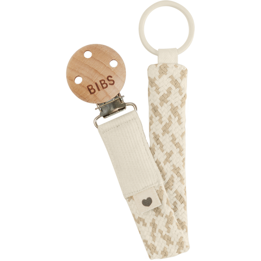 BIBS braided pacifier clip with organic cotton strap, wooden detail, and metal clasp on a white background