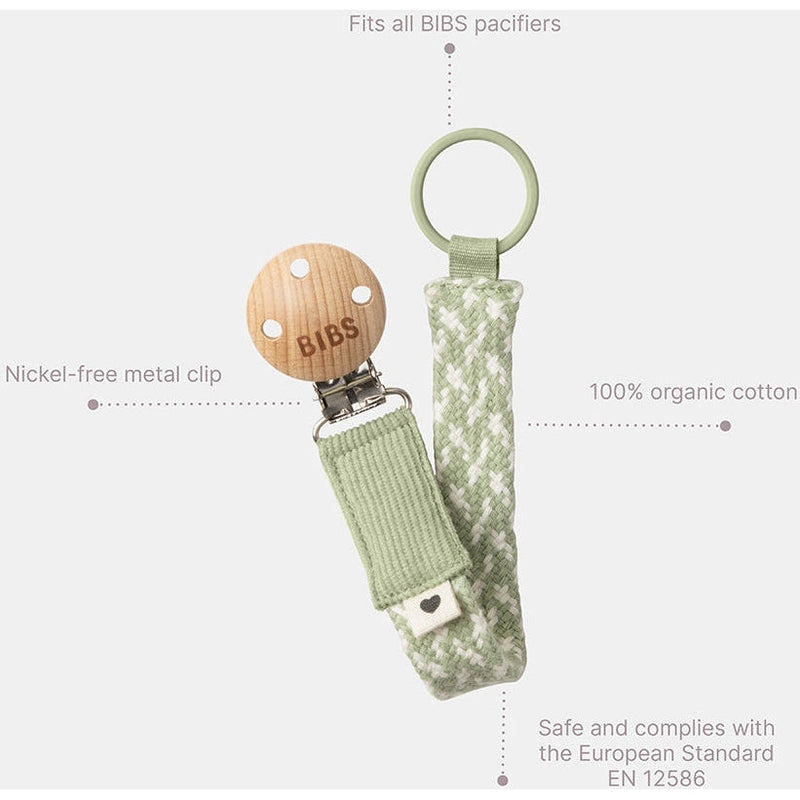 Product diagram highlighting the features and materials of the BIBS pacifier clip