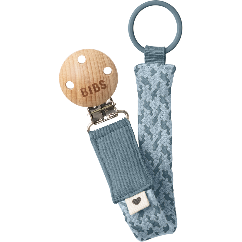 BIBS braided pacifier clip with organic cotton strap, wooden detail, and metal clasp on a white background