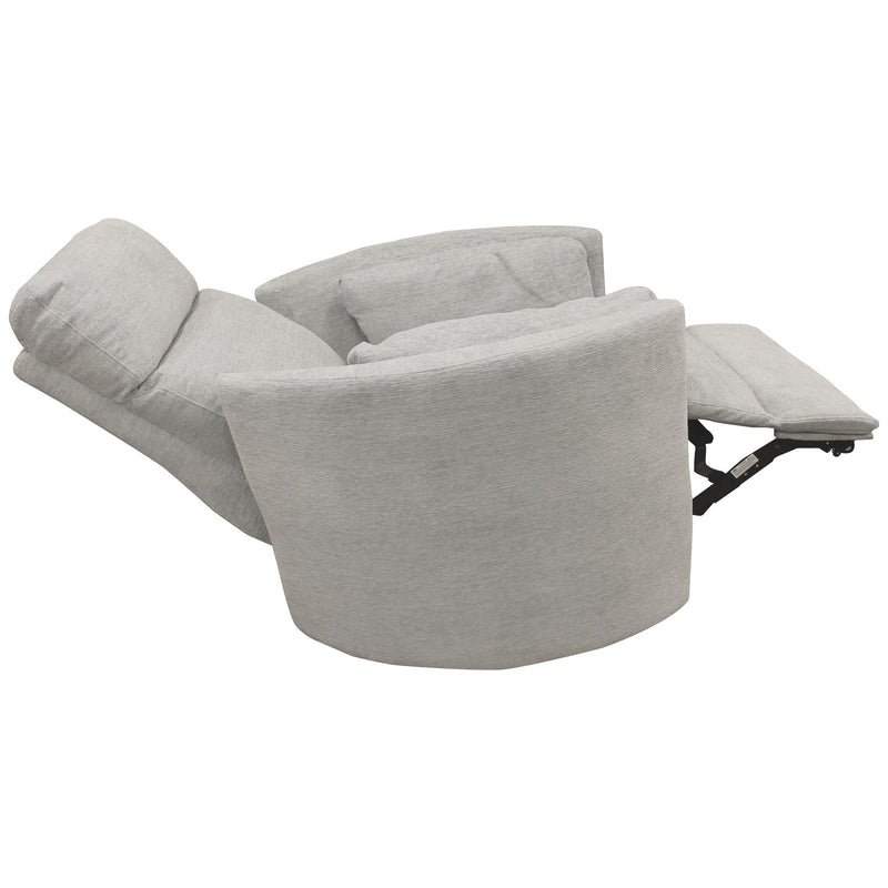 Brixy Radius PLUS power swivel glider recliner in Mineral Grey fully reclined with footrest extended