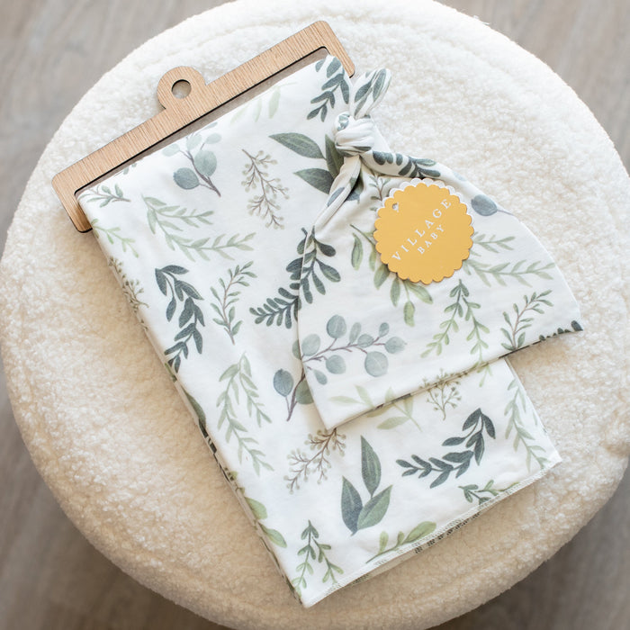 Village Baby Soft and Stretchy Knit Swaddle Blanket- Graceful Greenery