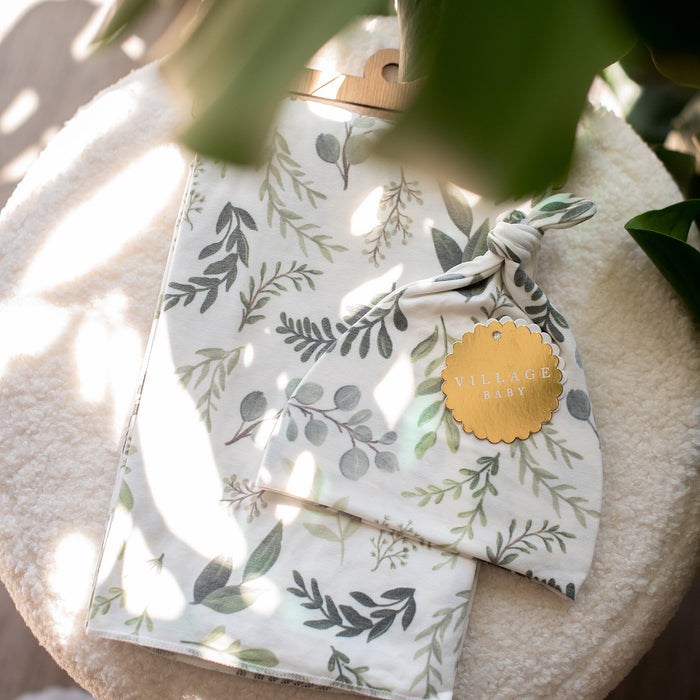 Village Baby Soft and Stretchy Knit Swaddle Blanket- Graceful Greenery